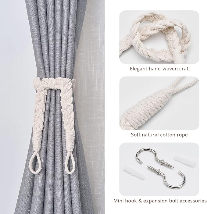NICEEC 2 Pack Natural Cotton Rope Curtain Tiebacks Elegant Boho Style Decorative Drape Tie Backs Soft Hand-Woven Rope Curtain Holdbacks with Metal Hook for Home & Office Drapery (Beige)