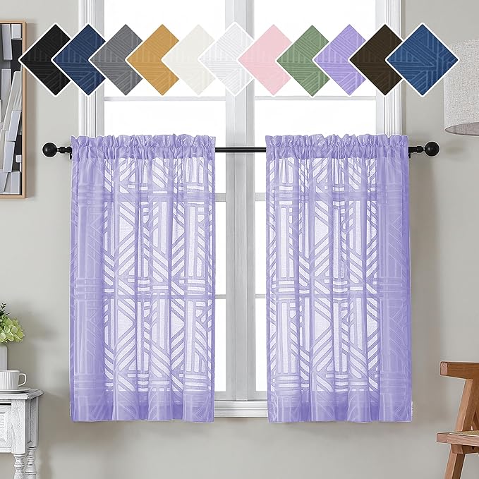 Simplebrand Lavender Sheer Kitchen Curtains 36 Inch Length Tier Curtains 2 Panels, Light Filtering Geometric Jacquard Clip Textured Semi Sheer Short Window Curtains for Bathroom, 42x36 inch