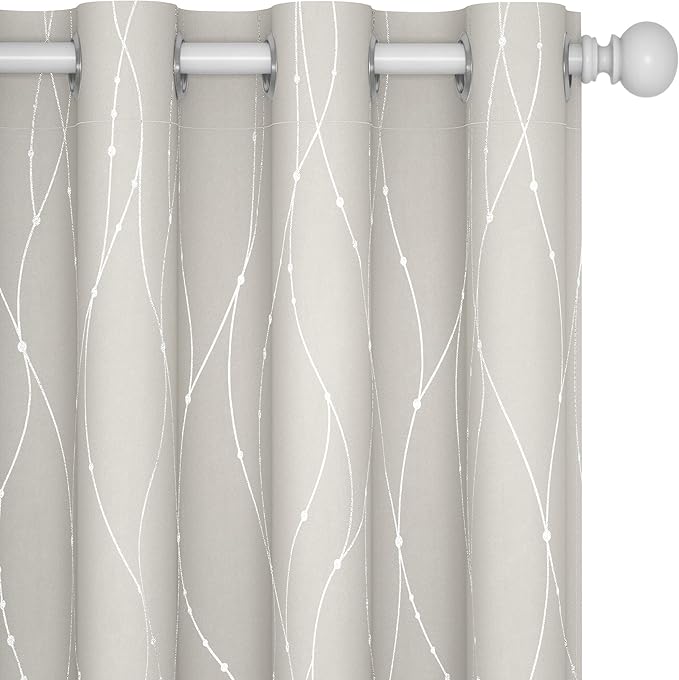 Deconovo Beige Curtains for Living Room, Light Darkening Soundproof Drapes with Wave Dots Silver Print, Farmhouse Boho Curtain, 52 x 84 Inch Long, Set of 2 Window Panels for Bedroom Office Nursery