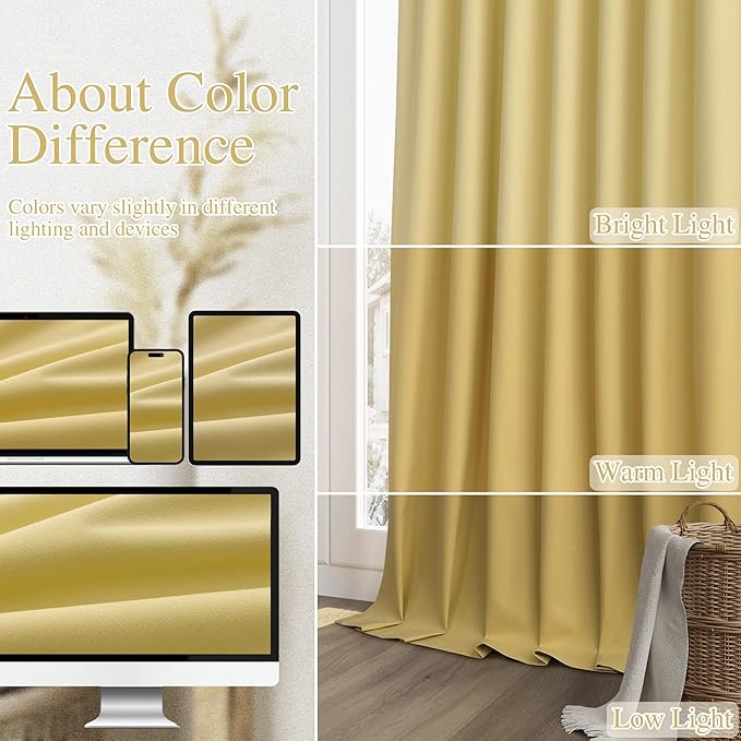Guken Yellow 100% Blackout Linen Curtains 63 Inch Length 2 Panels Set for Living Room Bedroom Back Tab/Rod Pocket Thermal Insulated Black Out Drapes Room Darkening Farmhouse Window Curtains