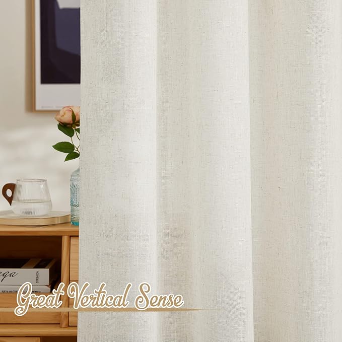 NICETOWN Semi Sheer Linen Burlap Curtains for Living Room, Grommet Privacy Semitransparent with Light Filter Flax Linen Blend Drapes for Bedroom Hall/Villa, W52 x L108, 2 Panels