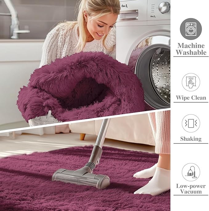 OLANLY 5x8 Machine Washable Large Area Rugs for Living Room, Bedroom, Soft Fluffy Shaggy Bedside Rug, Indoor Floor Carpet for Kids Girls and Boys, Dorms, Nursery, Home Decor Aesthetic, Burgundy