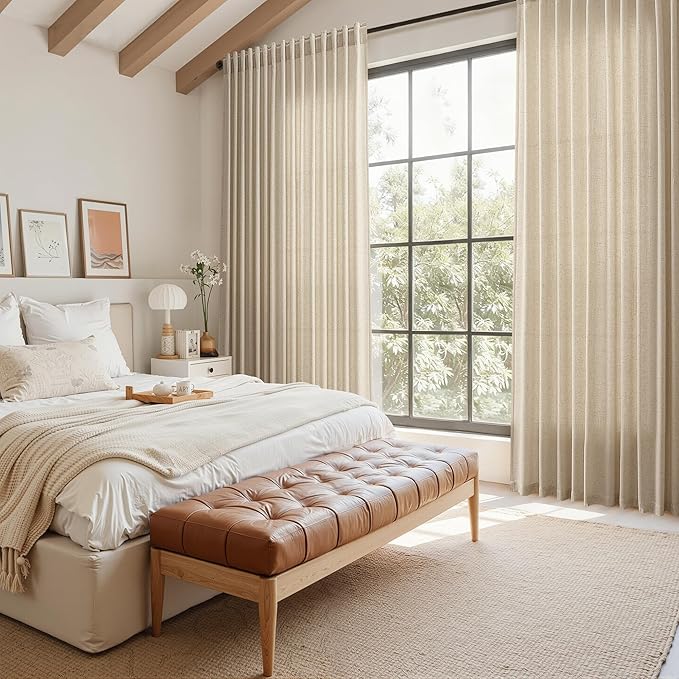Nanspring Taupe Burlywood Curtains 90 Inches Long for Living Room Linen Blend Semi Sheer Country Farmhouse Decor Curtains Back Tab Privacy Burlap Textured Curtain for Bedroom 52x90, 2 Panels