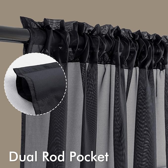 MIULEE Short Sheer Curtains 45 Inches Long, 4 Panels Set, Light Filtering Rod Pocket Curtains for Kitchen/Bathroom Small Windows, 42W x 45 Inches, Black