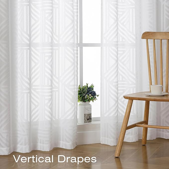 Simplebrand Sheer White Kitchen Curtains 24 Inch Length Tier Curtains 2 Panels, Light Filtering Geometric Jacquard Clip Textured Semi Sheer Short Window Curtains for Bathroom, 30x24 inch