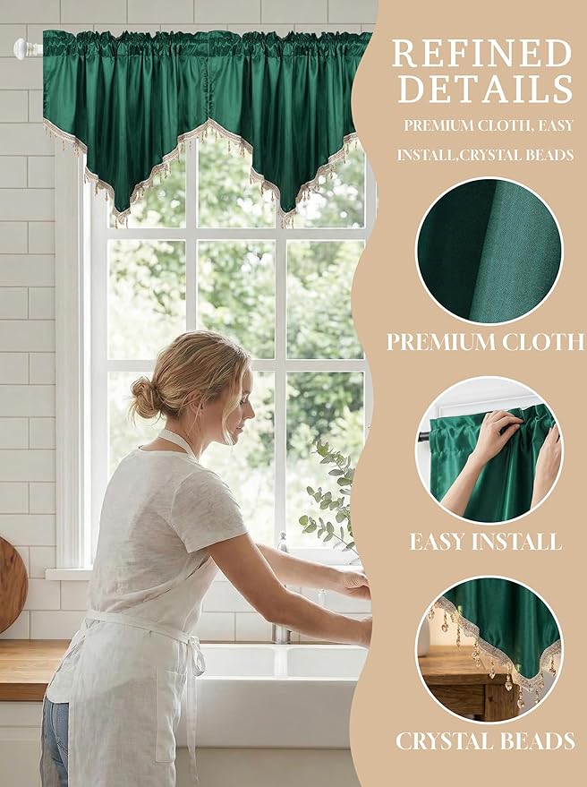 Molaxhome Swag Curtain 51 inch Length Rod Pocket Scalloped Curtain Valance Sheer Lace Panels with Hanging Crystal Beads for Kitchen Bedroom Window Treatments Drape Decor 1pc (Cloth Green, 51Wx23L)