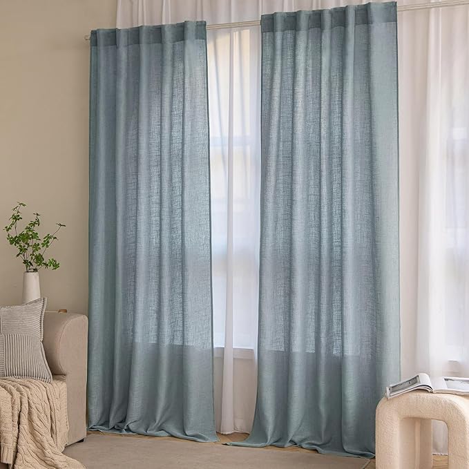 MIULEE Dusty Blue Linen Curtains 108 Inches Long 2 Panels for Bedroom Living Room, Soft Thick Linen Textured Window Drapes Semi Sheer Light Filtering Back Tab Rod Pocket Light Blue Decor