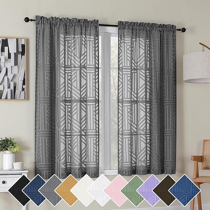 Simplebrand Grey Semi Sheer Curtains 45 Inch Length 2 Panels, Geometric Jacquard Clip Textured Short Sheer Curtains for Bedroom，Modern Elegant Window Curtains Drapes/Treatment Sheer，42x45 inch