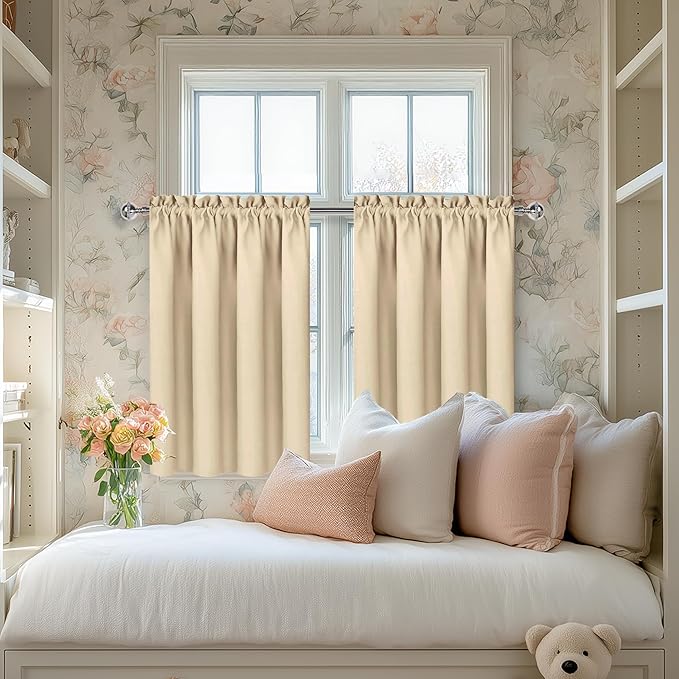 DWCN Beige Short Room Darkening Curtains for Kitchen/Bedroom, 42 x 36 inches Long - Energy Saving Window Drapes for Nursery with Rod Pocket, Set of 2 Panels