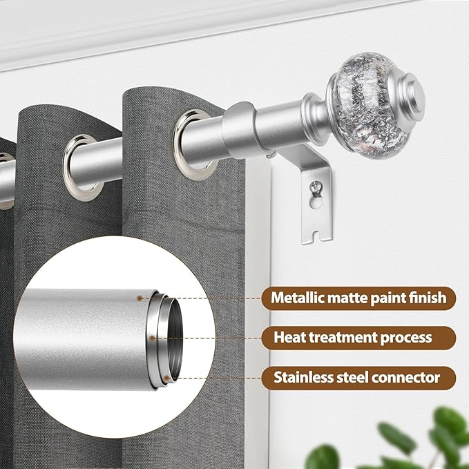 Silver Curtain Rods for Windows 48 to 84 Inch, USFOOK 7/8 inch Telescoping Splicing Drapery Rods 32 to 86 Inch, Window Rod for Curtains with Decorative Translucent Finials