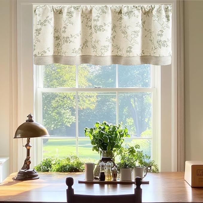 jinchan Linen Valance Curtains for Windows 16 Inch Christmas Decorations Floral Double Layer Kitchen Valance Living Room Darkening Cottagecore Farmhouse Flower Window Treatment 1 Panel Green on Linen