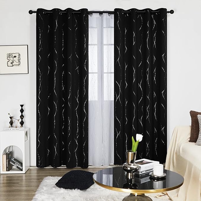 Deconovo Blackout Curtains 84 Inches Long, Black Drapes for Living Room with Wave Dots Silver Print, Soundproof Thermal Insulated Privacy Window Curtain for Bedroom Nursery, Set of 2, Machine Washable