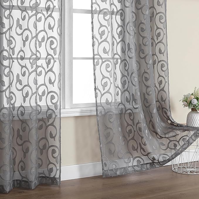 OWENIE Furman Grey Sheer Curtains 72 inches Long 2 Panels Set, Light Filtering Top Rod Pocket Semi Sheer Curtains for Door Panels, Geometric Jacquard Clip Design for Bedroom Living Room, 40Wx72L inch