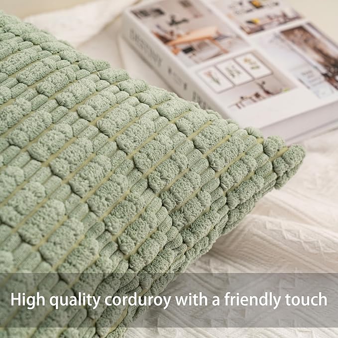 Pack of 2 Corduroy Decorative Throw Pillow Covers 20x20 InchSoft Boho Striped Pillow Covers Modern Farmhouse Home Decor for Sofa Living Room Couch Bed（Sage Green）