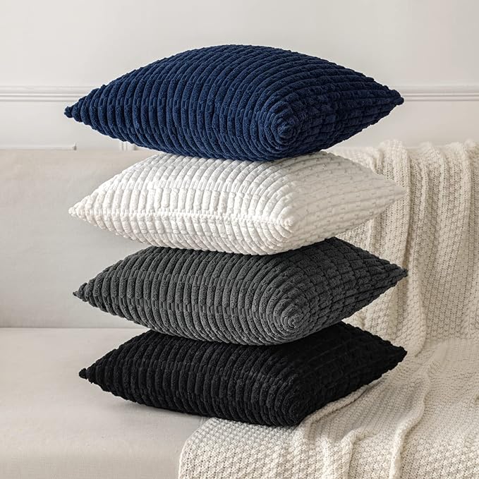 MIULEE Pack of 2 Corduroy Decorative Lumbar Throw Pillow Covers 20x12 Inch Soft Boho Striped Pillow Covers Modern Farmhouse Home Decor for Summer Coastal Sofa Living Room Couch Bed Dark Blue