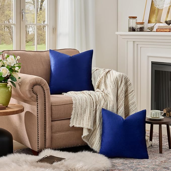 GIGIZAZA Royal Blue Velvet Decorative Throw Pillow Covers for Sofa Bed 2 Pack Soft Cushion Cover (Royal Blue, 18 x 18- Set of 2)