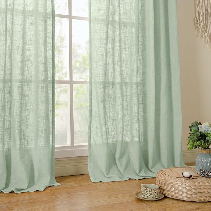 LAMIT Fresh Green Linen Boho Curtains 68 inch Length 2 Panels, Light Filtering Semi Sheer Panels Back Tab and Rod Pocket Neutral Drapes for Bedroom/Living Room, 52 x 68 Inch