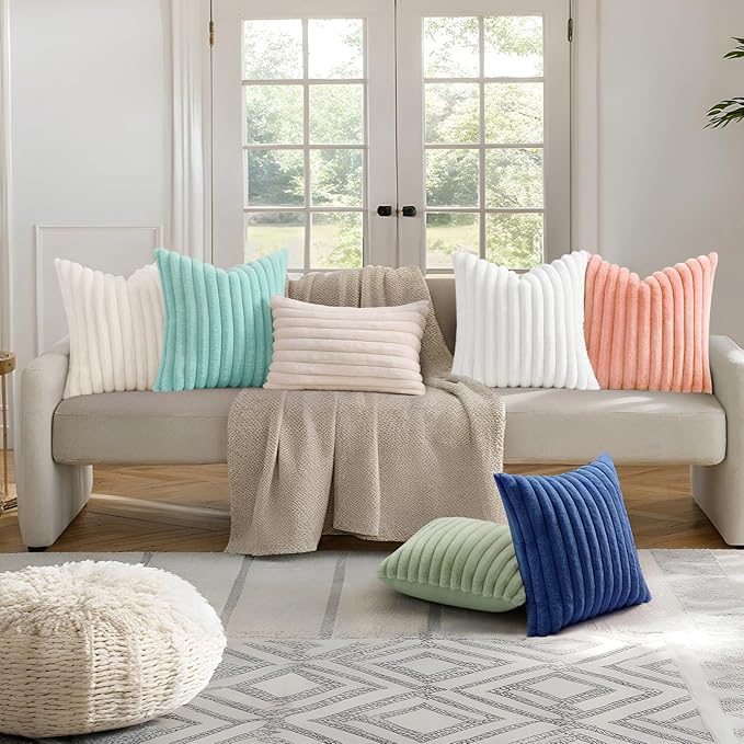 decorUhome Cozy Faux Fur Throw Pillow Covers 24x24 Set of 2 Decorative Soft Plush Striped Modern Farmhouse Boho Couch Euro Sham Pillow Cases with Velvet Back for Sofa Bed Living Room, Blue
