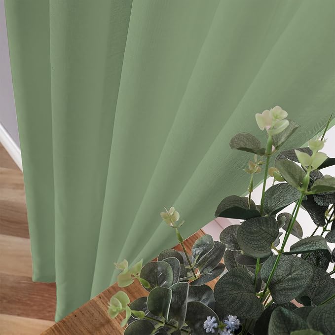 Tollpiz Short Sheer Curtains Linen Textured Bedroom Curtain Sheers Light Filtering Rod Pocket Voile Curtains for Living Room, 54 x 45 inches Long, Sage Green, Set of 2 Panels