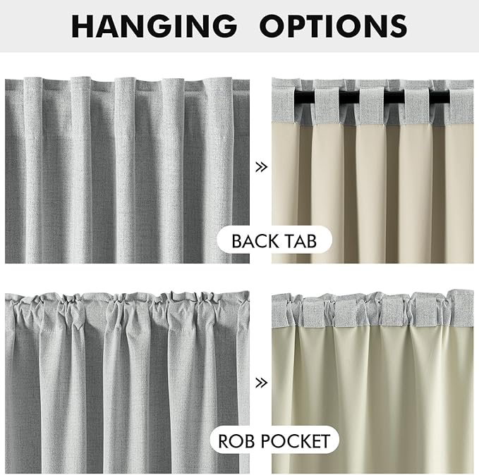 MIULEE 100% Blackout Linen Curtains for Bedroom, Grey Solid Luxury Decor Thermal Insulation Room Darkening Drapes for Living Room Nursery Back Tab Rod Pocket 42 x 90 Inches, 2 Panels