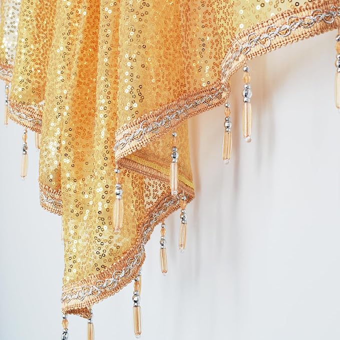 Molaxhome Swag Curtain 51 inch Length Rod Pocket Scalloped Curtain Valance Sheer Lace Panels with Hanging Crystal Beads for Kitchen Bedroom Window Treatments Drape Decor 1pc (Sequin Yellow, 51Wx23L)