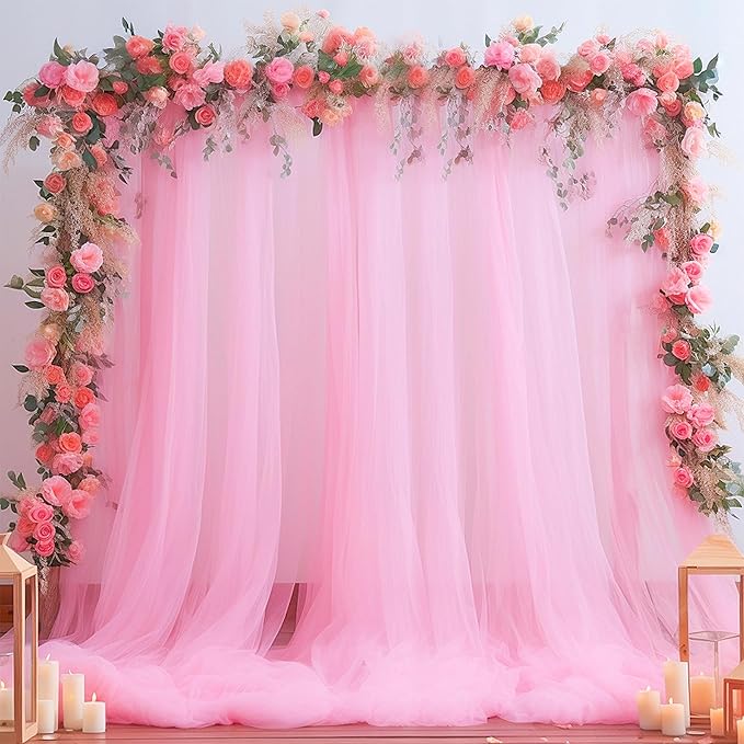 20ft x 15ft Pink Tulle Backdrop Curtain for Baby Shower Party Sheer Fabric Backdrop Curtains for Girls Birthday Gender Reveal Back Drop Wedding Photo Backdrop Drapes Background 4 Panels 5ft x 15ft