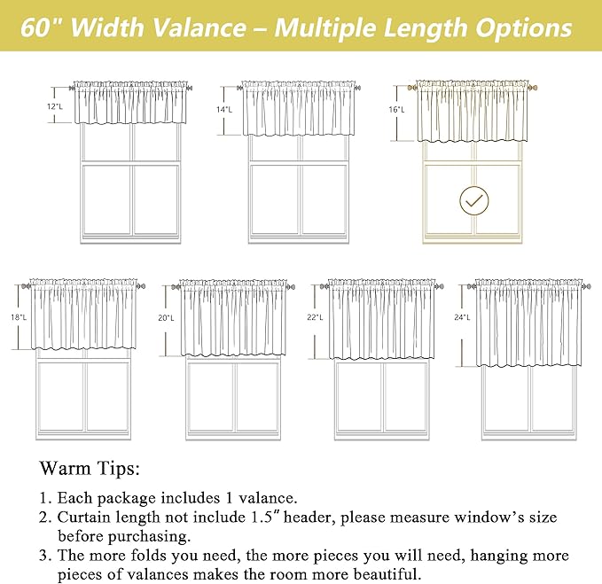 Linen Valances for Windows, Light Filtering Faux Linen Textured Small Short Valance Curtains for Bathroom Basement Farmhouse, Rod Pocket Top Half Curtains for Windows, 60Wx16L Inch