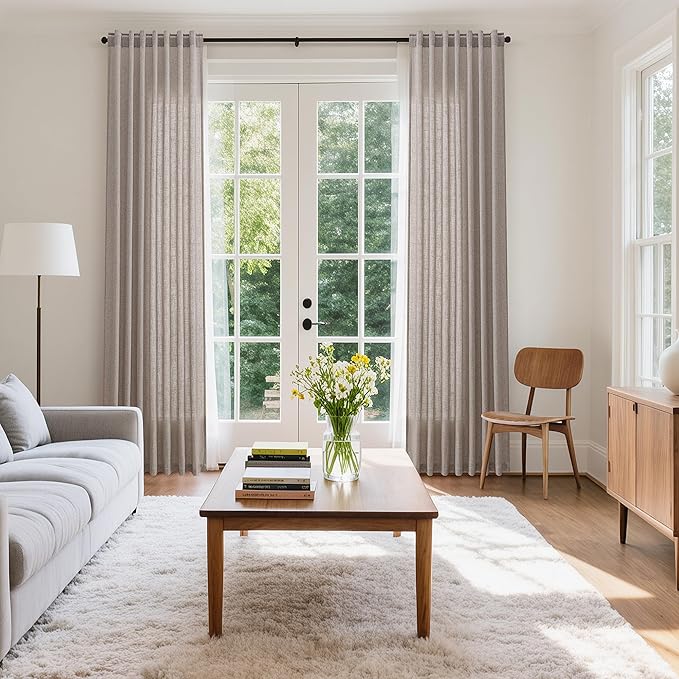 Nanspring Brownish Grey Linen Curtains for Living Room 110 Inches Long Back Tab Light Filtering Semi Sheer Curtain Modern Farmhouse Decor for Bedroom Office Luxury Textured Drapes 52x110, 2 Panels