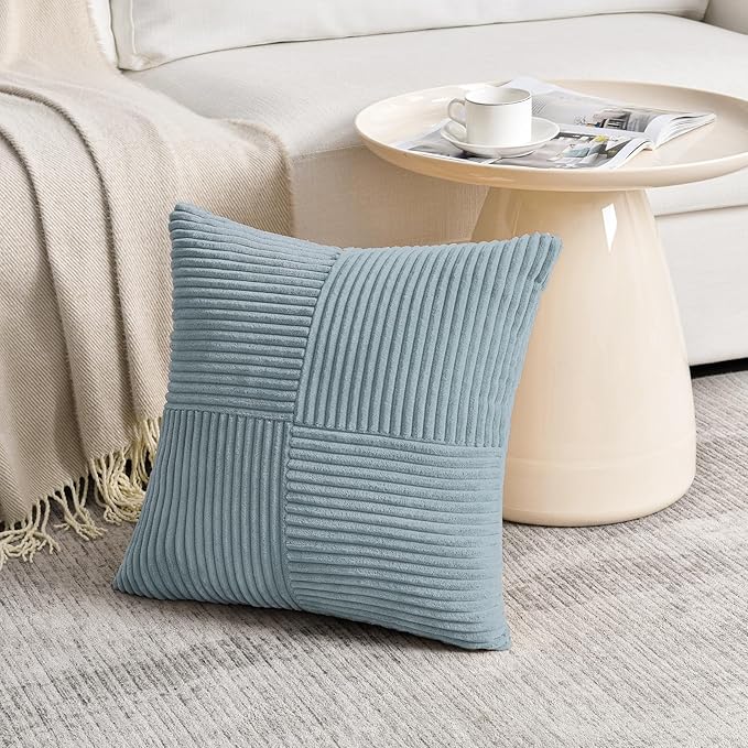 Fancy Homi Set of 2 Light Blue Decorative Throw Pillow Covers 18x18 Inch with for Couch Bed Sofa Living Room, Soft Cross Patchwork Striped Corduroy Coastal Blue Square Cushion Case 45x45 cm