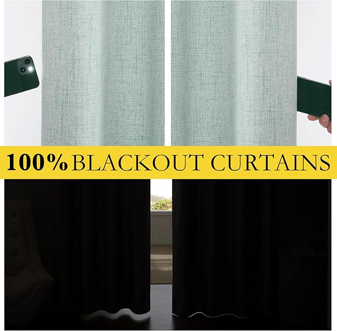 NICETOWN 100% Absolutely Blackout Linen Curtains with Thermal Insulated Liner, Seafoam Green, 62" Wide, 102" Length Energy Saving Curtains for Living Room 2 Panels Set, Vertical Blinds