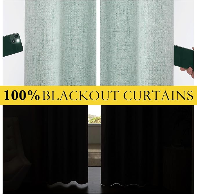 NICETOWN 100% Absolutely Blackout Linen Curtains with Thermal Insulated Liner, Seafoam Green, 62" Wide, 90" Length Energy Saving Curtains for Living Room 2 Panels Set, Vertical Blinds