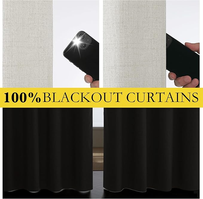 NICETOWN Snowbound Vintage Linen 100% Blackout Curtains for Living Room, Thermal Insulated Curtains 120" Long, Noise Reducing Window Treatment Drapes for Hall Room, 52" Wide Per Panel, Set of 2