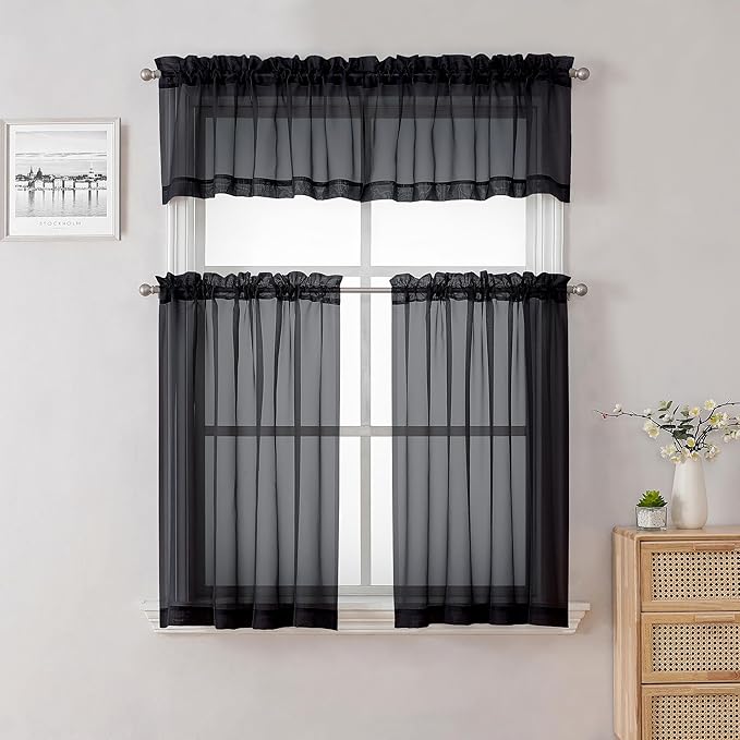 Lecloud Black Sheer Valances for Windows 18 Inch Length 2 Pcs, Cafe Kitchen Curtains for Bedroom Living Room, Short Curtains for Small Windows with Dual Rod Pocket Home Decor, 42" W x 18" L