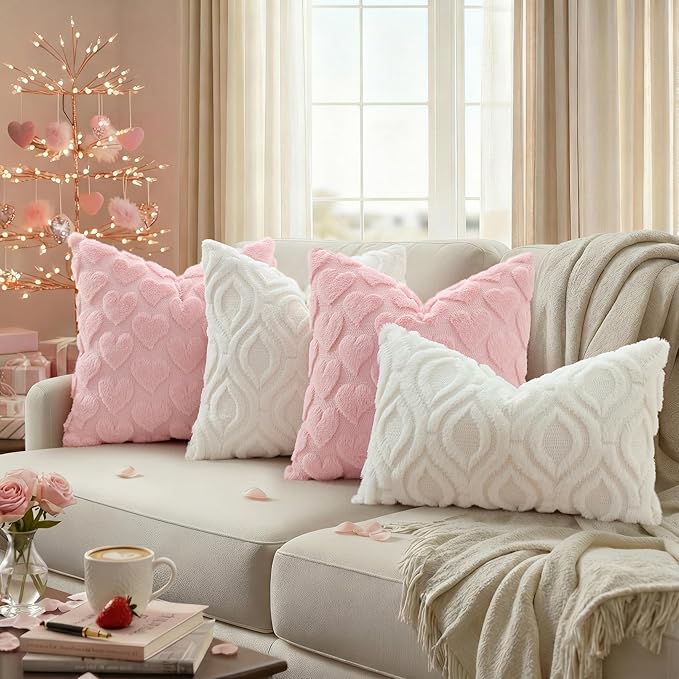 decorUhome Valentine’s Day Soft Plush Throw Pillow Covers 20x20 Inch Set of 2, Faux Fur Pink Heart Decoration Neutral Square Pillow Covers for Couch Sofa Bed Cozy Farmhouse Holiday Decor