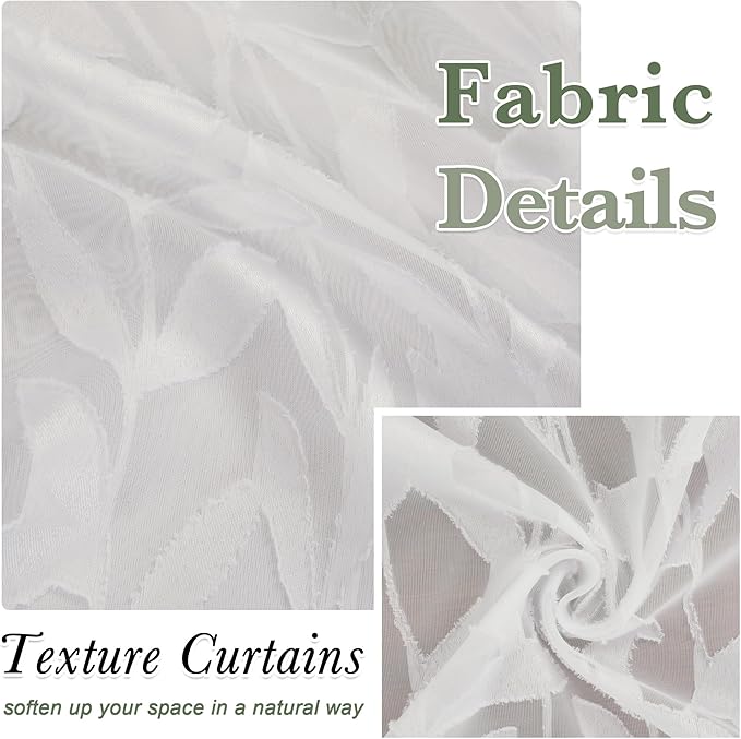 Lecloud Leia Jacquard Textured Ivory Semi Sheer Curtain 45 Inch Length, Balance Light & Privacy Clip Leaf Voile Curtain for Living Room, Dual Rod Pockets Bedroom Short Drape, 40 W x 45 L