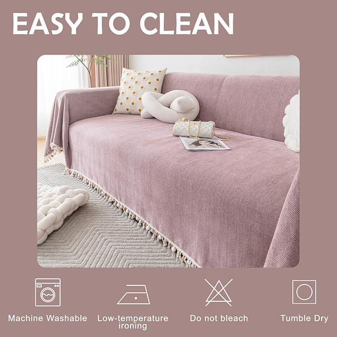 HANDONTIME Soild Couch Covers for Dogs Pink-Purple Sofa Covers Boho Cover for Sofa 3 Seats Chenille Sofa Throw Cover Mauve Sofa Covers for 3 Cushion Couch Tassel, Washable, Pet Friendly, 71" X134"