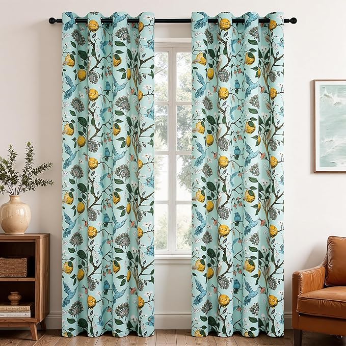 Topfinel Green Floral Curtains 84 Inches Long Vintage French Country Grommet Botanical Hummingbird Woodland Jungle Victorian Patterned Mint Green Lemon Drapes for Bedroom Dining Living Room