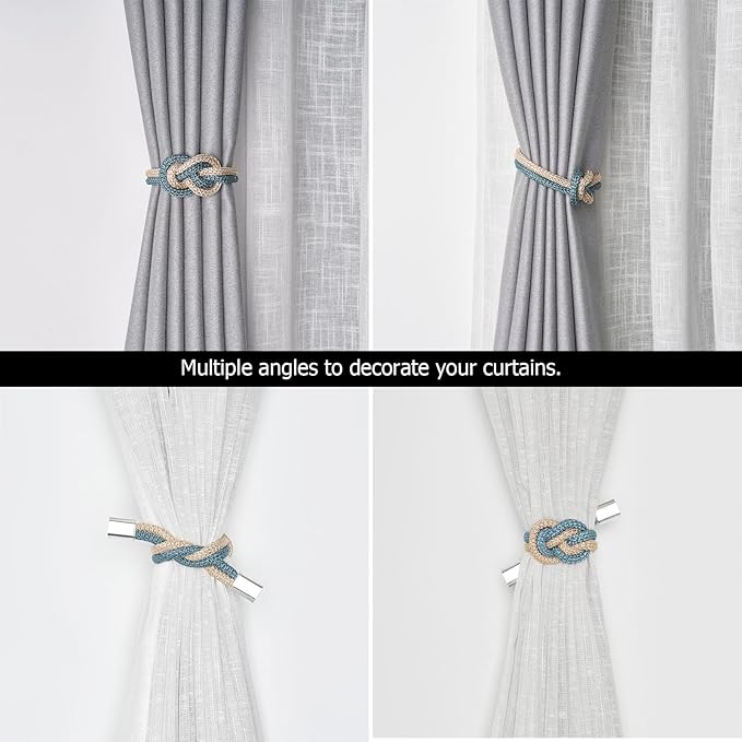 NICEEC 2 Pack Mini Magnetic Curtain Tiebacks Nordic Simple Style Drape Tie Backs Elegant Hand Weave Rope Knot Decorative Curtain Holdbacks for Home & Office Thin Window Drapery (Teal & Beige)