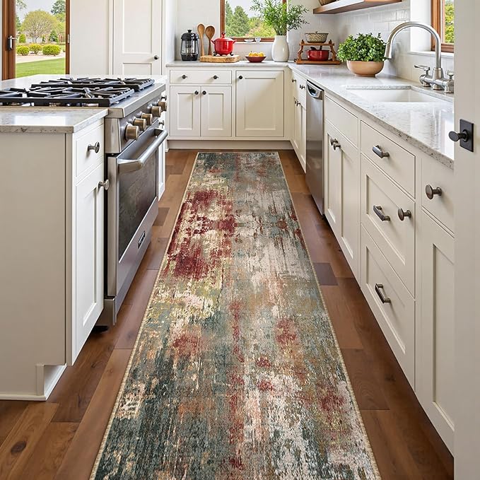 Washable Area Rugs 2'x10' Non-Slip Modern Abstract Soft for Living Room Entryway Bedroom Nursery, Print Pattern, Brown Rust Red Green Blue Multi