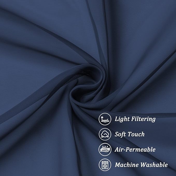 Chyhomenyc Sheer Curtains Tiers 42W x 24L Inches 2 Pieces, Light Filtering Small Curtains, Short Bathroom Living Room Cafe Basement Voile Window Curtain, Rod Pocket, Navy Blue