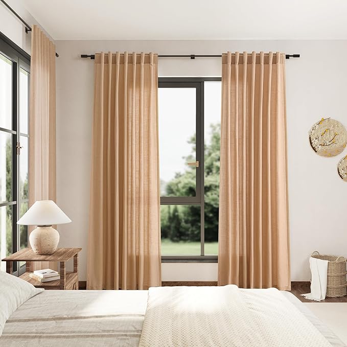 Nanspring Camel Linen Curtains 80 Inches Long for Bedroom Back Tab Light Filtering Privacy Semi Sheer Curtain Modern Farmhouse Decor Camel Linen Elegant Drapes for Living Room 2 Panels Set 52x80