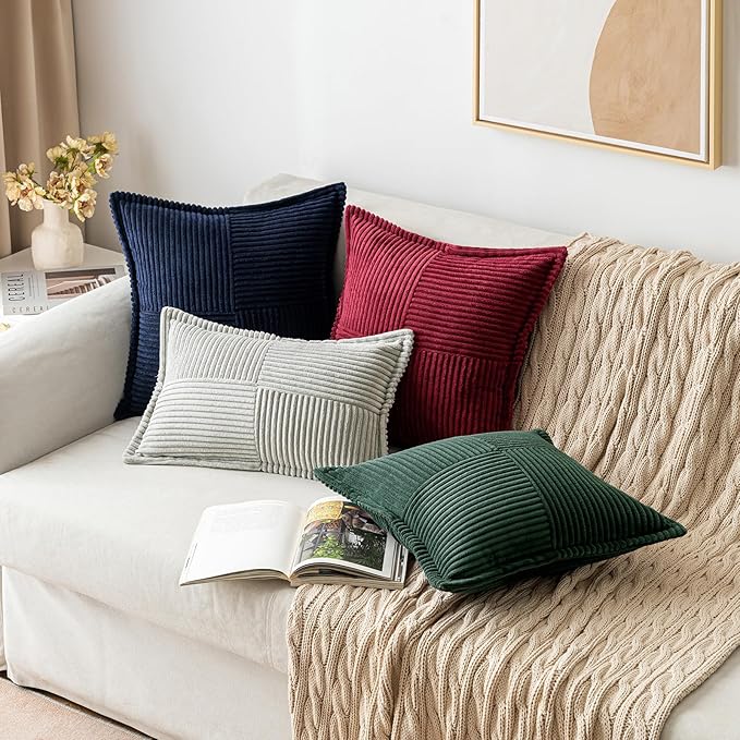 MIULEE Decorative Throw Pillow Covers for Couch Bed Livingroom 16x16 Inch Set of 2 Dark Green Boho Accent Throw Pllows Broadside Striped Patchwork Soft Corduroy Pillowcases