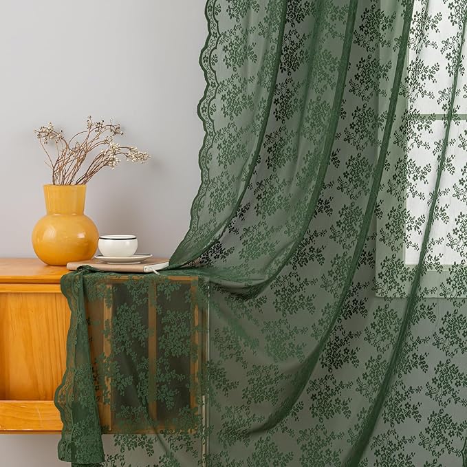 YJ YANJUN Vintage Lace Curtains 72 Inches Long-Victorian Floral Pattern Dark Olive Green Sheer Curtain Panels for Living Room Bathroom Spring Embroidered Drapes Light Filtering 2 Panels 52W x 72L