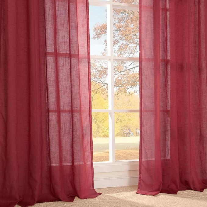 BGment 96 Inches Long Linen Curtains for Living Room, Semi Sheer Burgundy Window Drapes Textured for Bedroom Dining Light Filtering with Rod Pocket Lightweight, 2 Panels, Each 52 Inch Wide