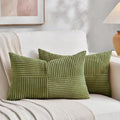 Fancy Homi 2 Packs Moss Green Lumbar Decorative Throw Pillow Covers 16x32 Inch for Living Room Couch Bed, Rustic Farmhouse Boho Home Decor, Soft Striped Corduroy Rectangle Accent Cushion Case 40x80 cm