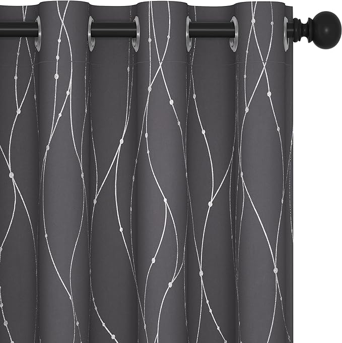 Deconovo Grey Blackout Curtains for Bedroom, Thermal Insulated Soundproof Drapes, Wave Dots Foil Print, 52 x63 Inches Long, 2 Panels, Machine‑Washable Privacy Window Panel for Living Room Apartment