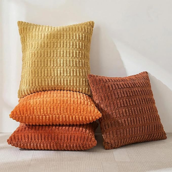 Fancy Homi Set of 4 Burnt Orange Fall Boho Decorative Throw Pillow Covers 24x24 Inch for Couch Bed Sofa, Aesthetic Modern Bohemian Room Decor, Soft Fuzzy Fluffy Cozy Corduroy Cushion Case 60x60cm