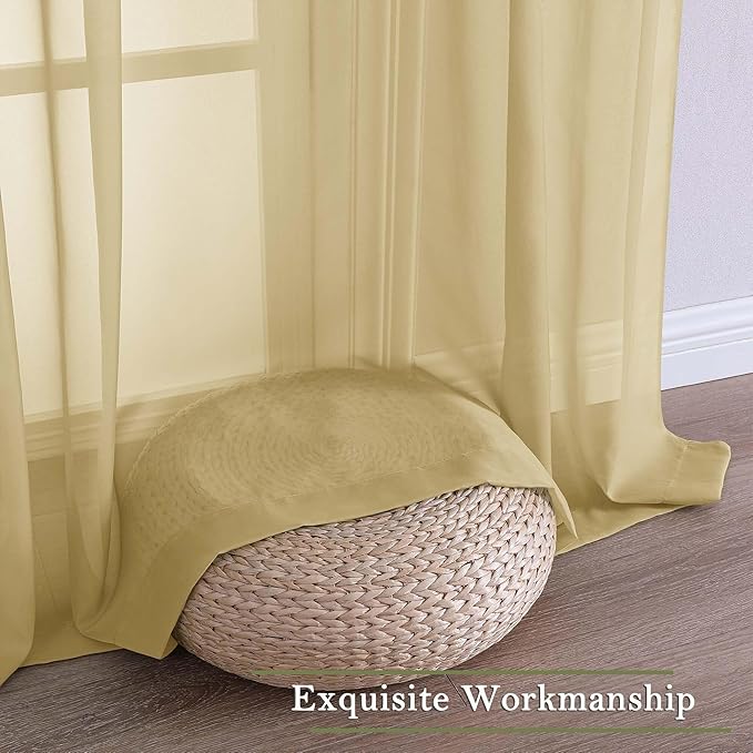 Lecloud Gold Sheer Curtains 90 Inches Long 2 Panels Set, Living Room Curtains for Bedroom Decor Dual Rod Pocket, Farmhouse Airy Light Filtering Solid Dining Room Drapes, Each Panel 59" W x 90" L