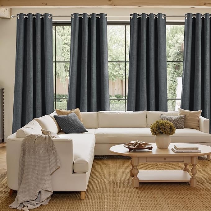 NICETOWN Charcoal Gray Faux Linen Room Darkening Rod Pocket Curtains 63 inch Length, W42 x L63, Light Blocking Thermal Insulated Noise Reducing Drapes for Bedroom Living Room Farmhouse Decor, 2 Panels