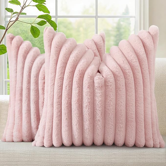 decorUhome Summer Cozy Faux Fur Throw Pillow Covers 16x16 Set of 2 Decorative Soft Plush Striped Modern Farmhouse Boho Couch Pillow Cases with Velvet Back for Sofa Bed Living Room, Pink